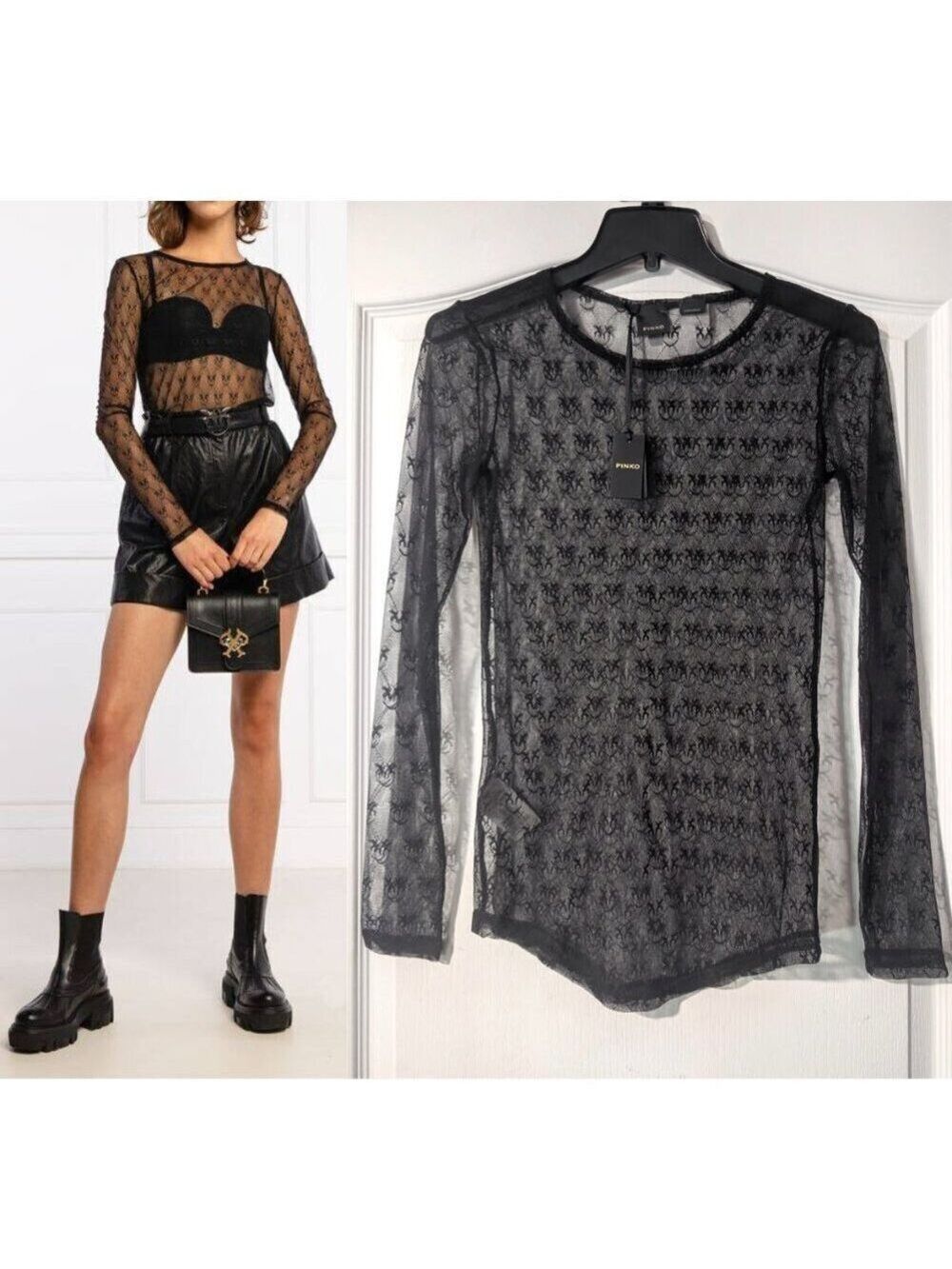 Pinko | Berlino 4 Sheer Lace 'Love Bird' Logo Top